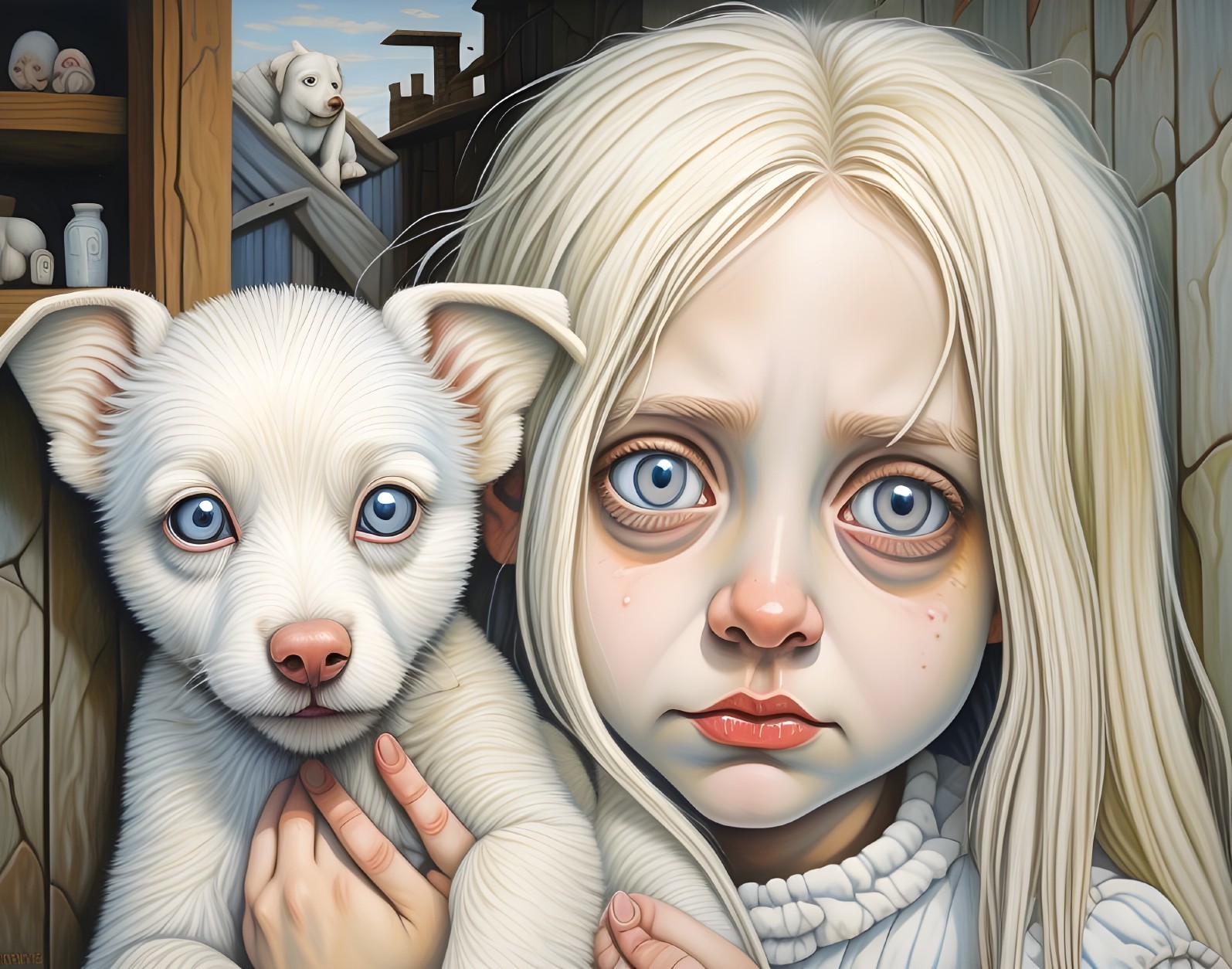 Girl with Blonde Hair and Puppy in Rustic Setting