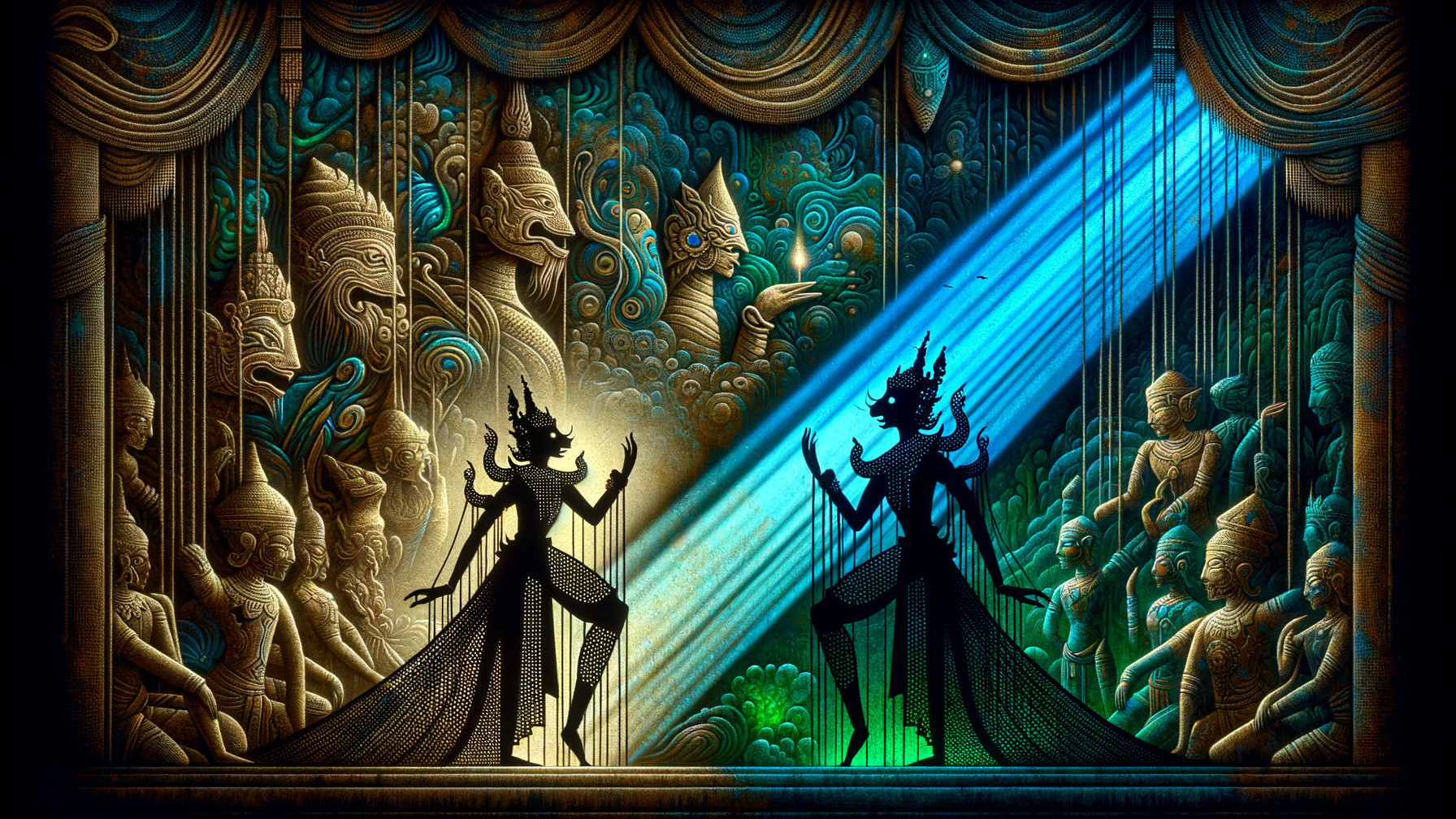 Dramatic Theater Scene with Dancers and Colorful Backdrop