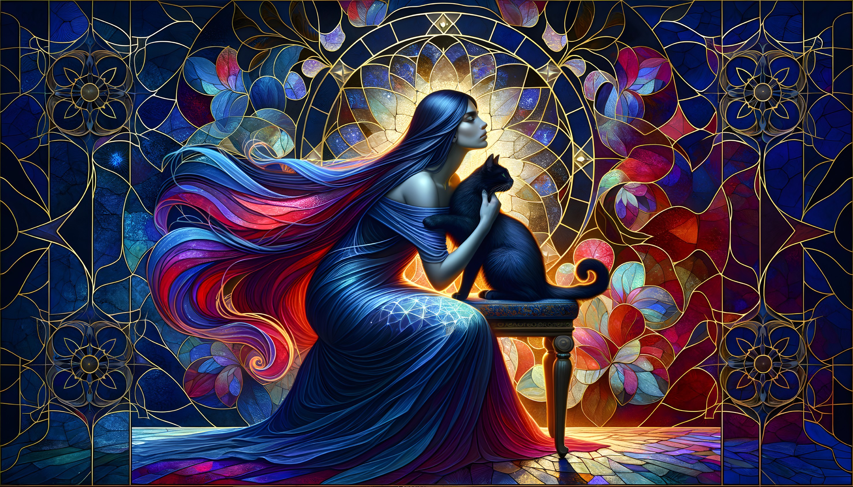 Stained Glass Artwork of Woman with Cat and Floral Design