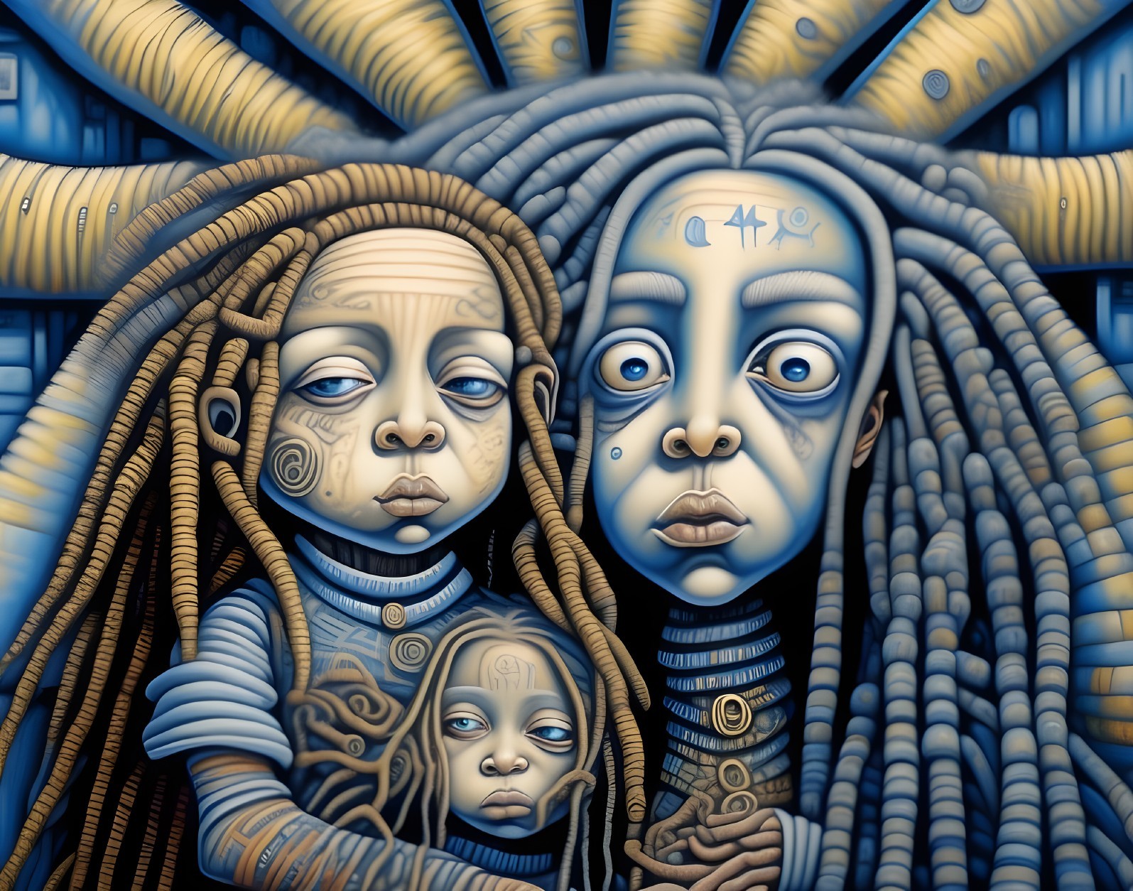 Intricate Dreadlocks and Expressive Figures in Surreal Art
