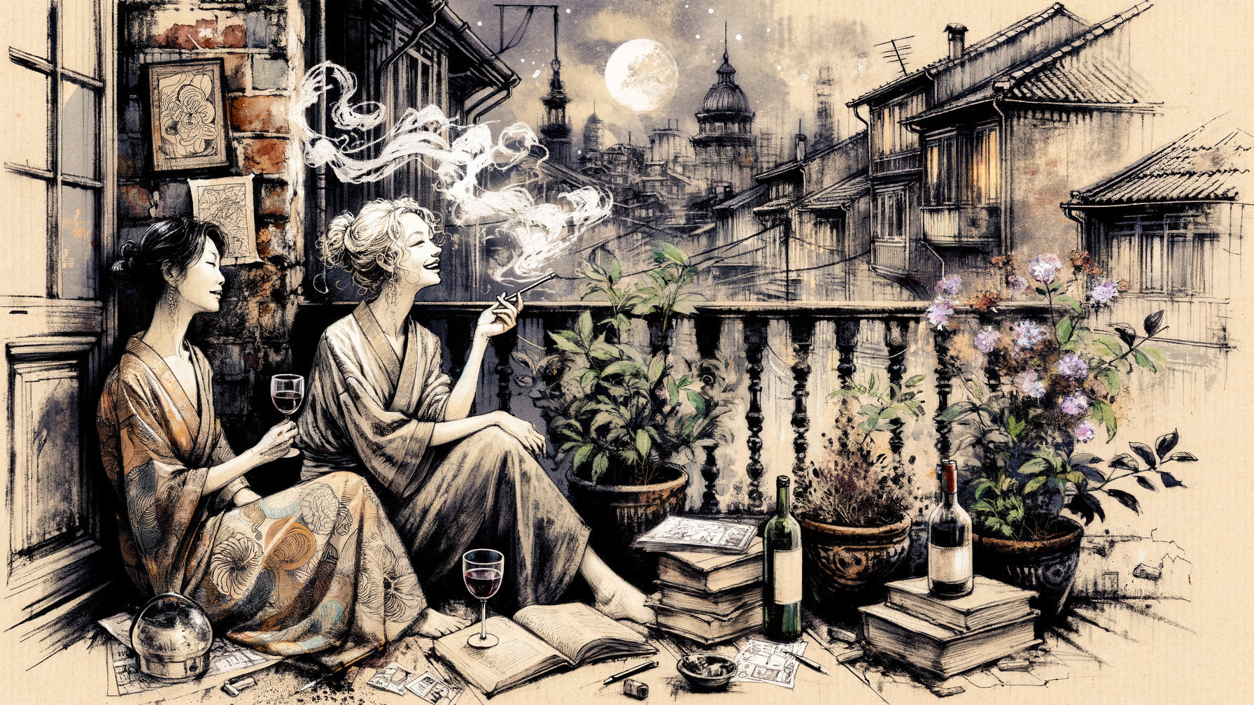 Women in Kimonos on a Balcony at Night