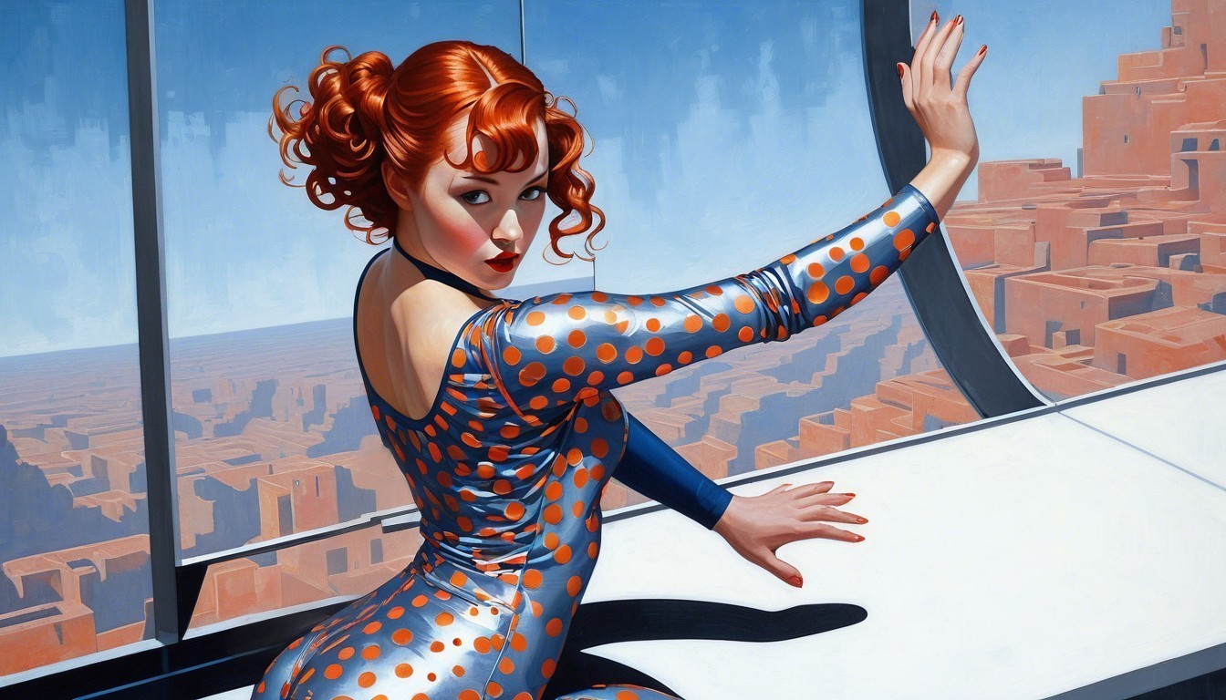 Futuristic Figure in Metallic Polka Dot Bodysuit