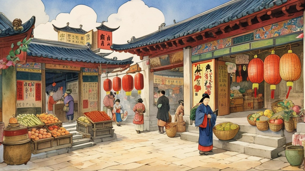 Vibrant Market Scene in Ancient Asian Town