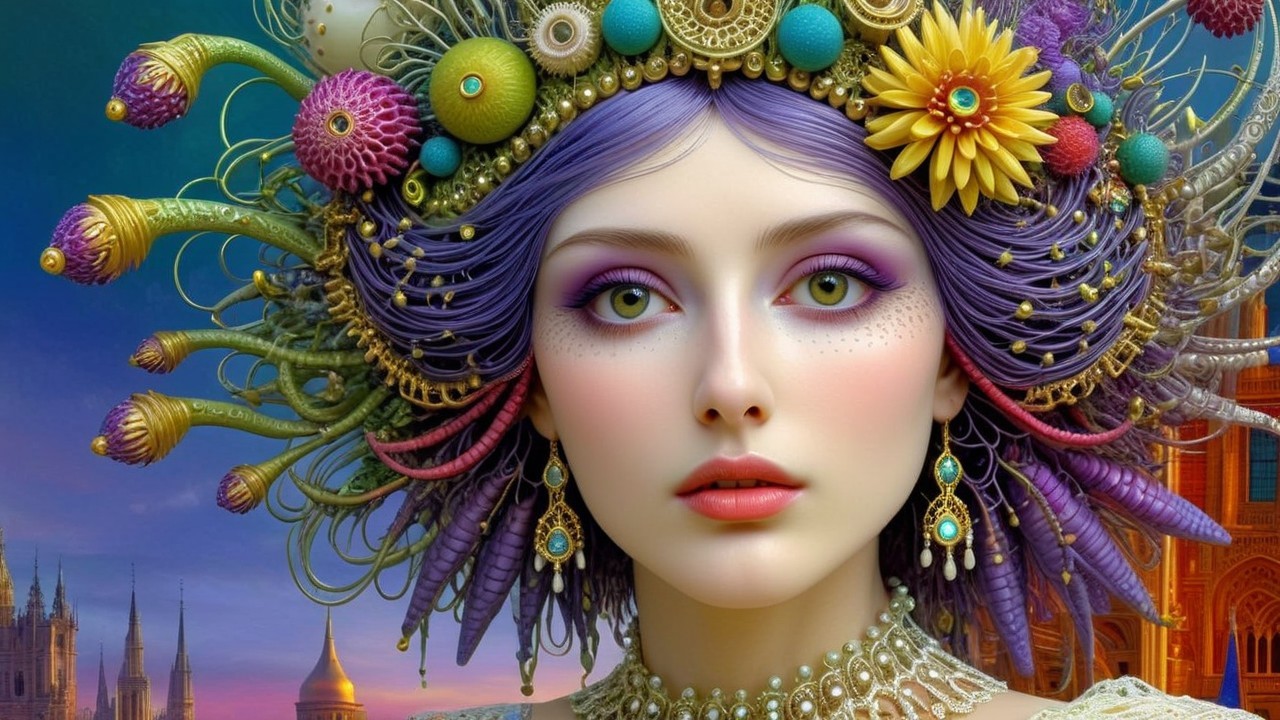 Ethereal Figure with Floral Headdress and Twilight Sky