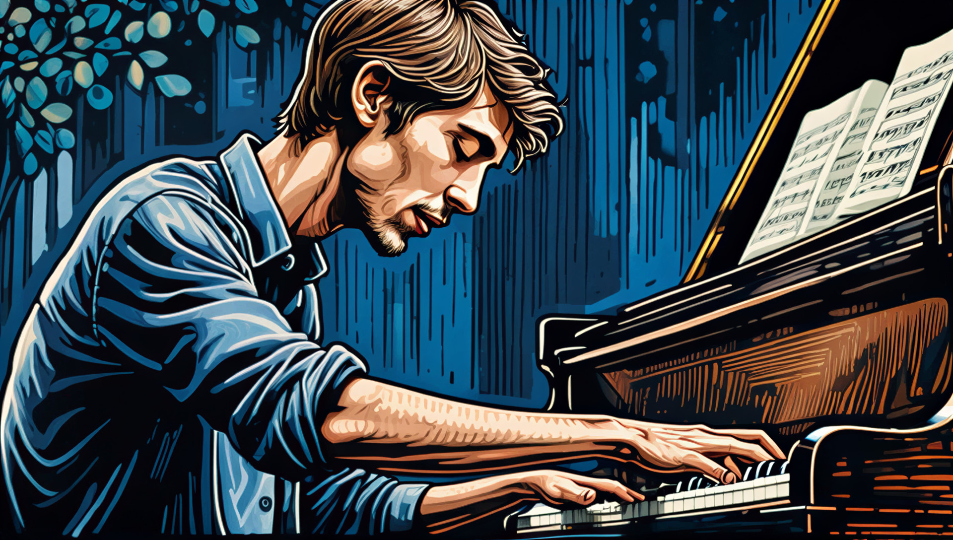 Young Man Playing Piano in Serene Outdoor Setting