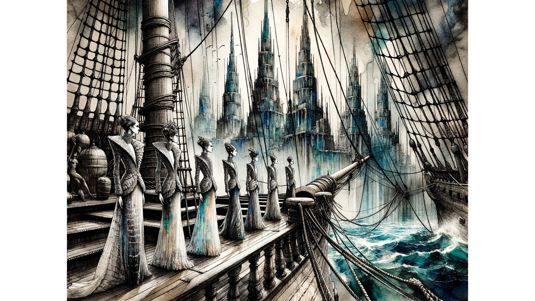 Surreal Maritime Scene with Elegant Figures and Spires
