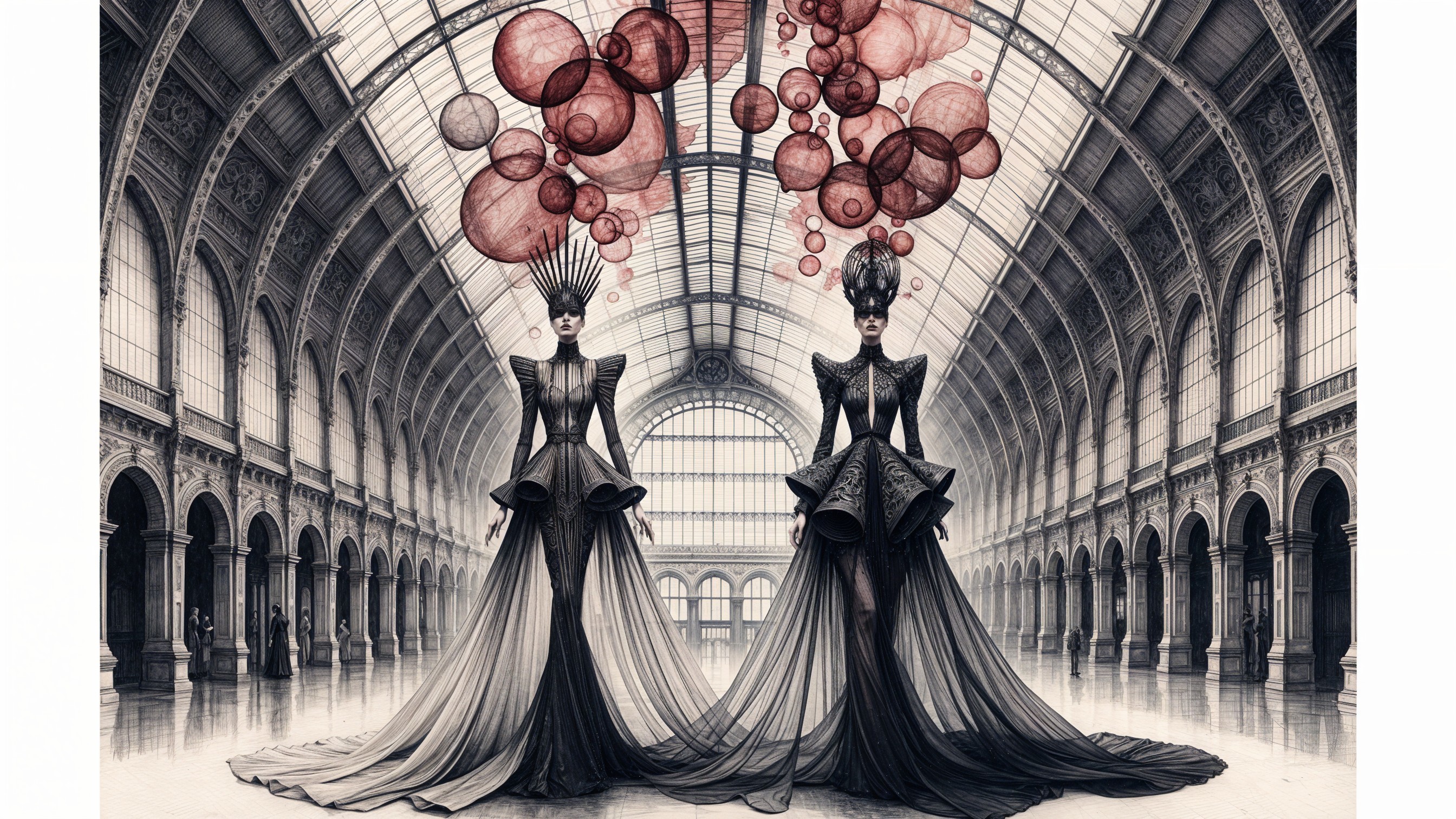 Elegant Figures in Dramatic Gowns in Grand Hall