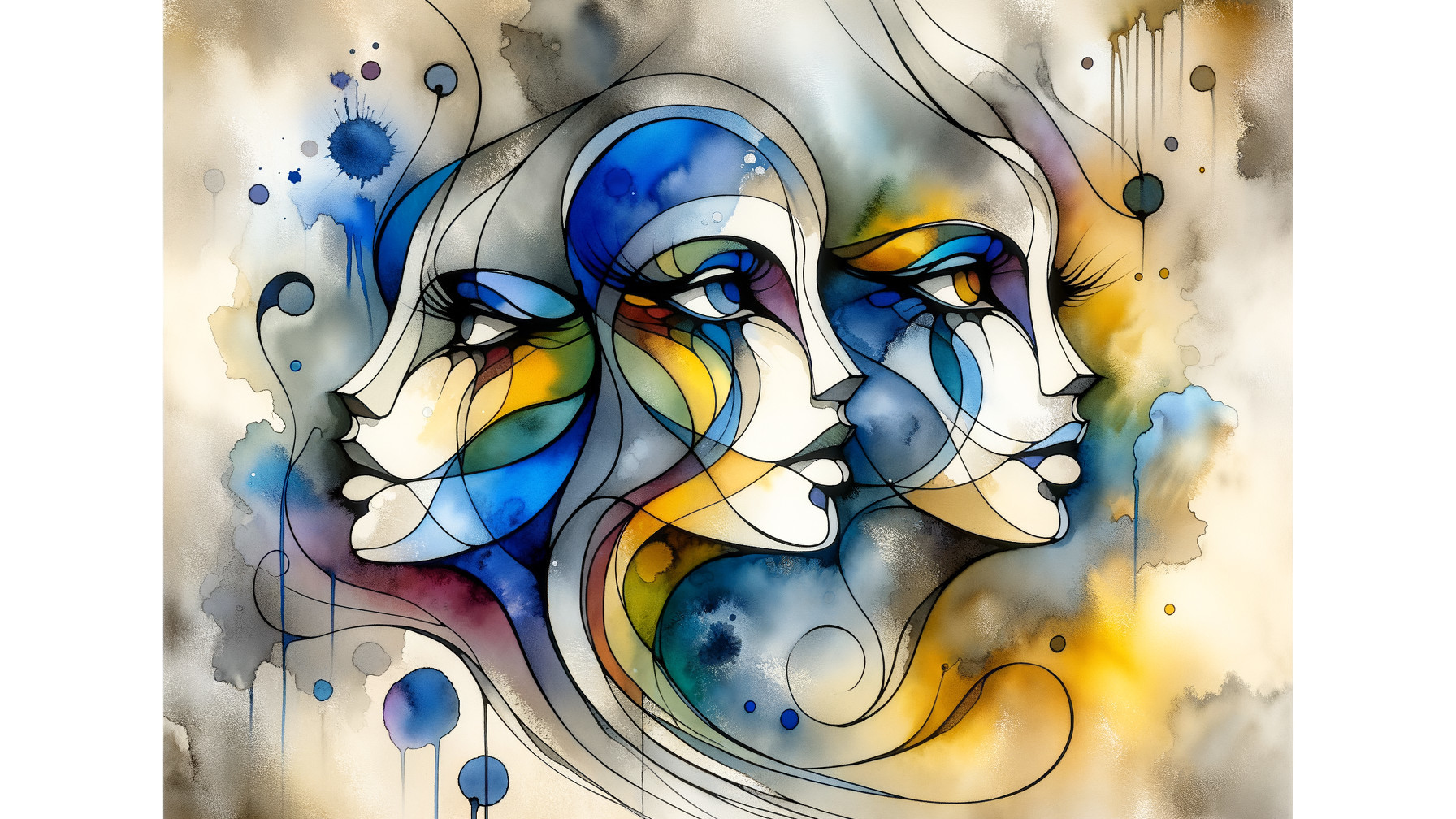 Abstract Female Faces in Vibrant Colors and Flowing Lines