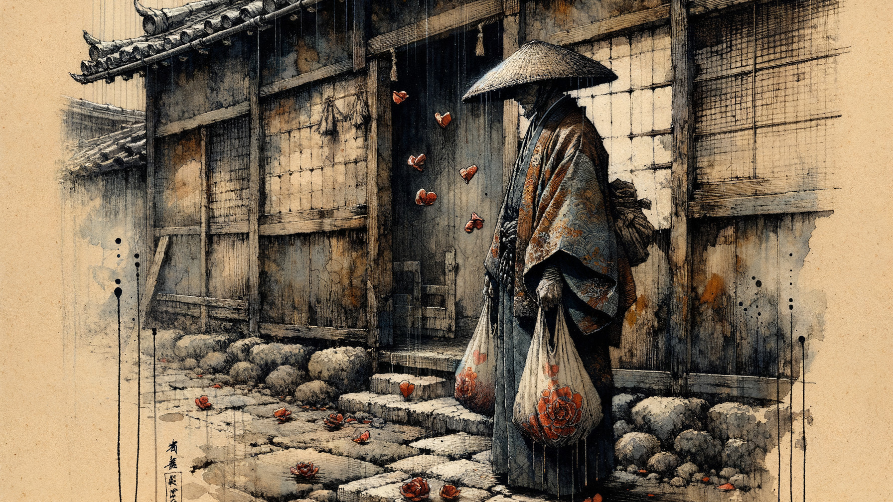 Solitary Figure in Kimono on Rainy Rustic Street