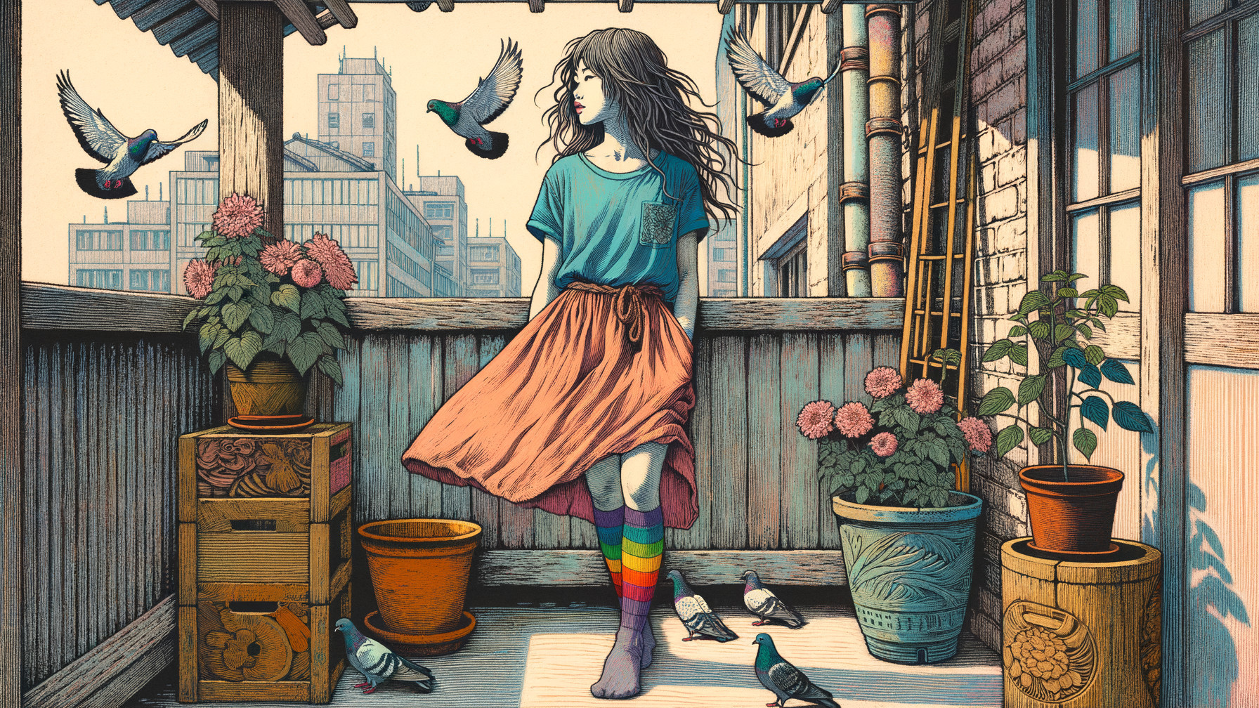 Young Woman on Balcony with Cityscape and Plants