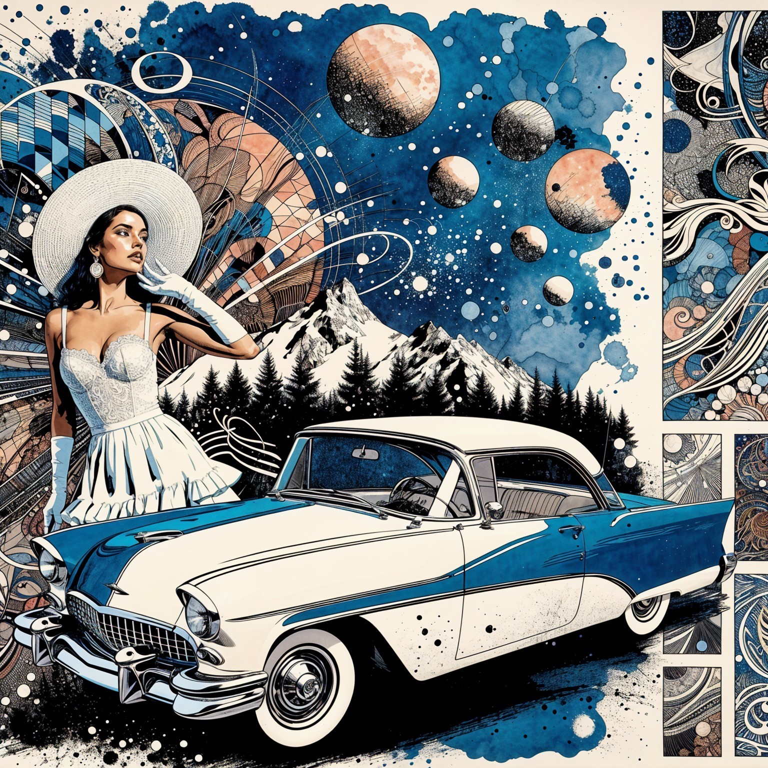 Vintage Car and Glamorous Woman Against Cosmic Mountains