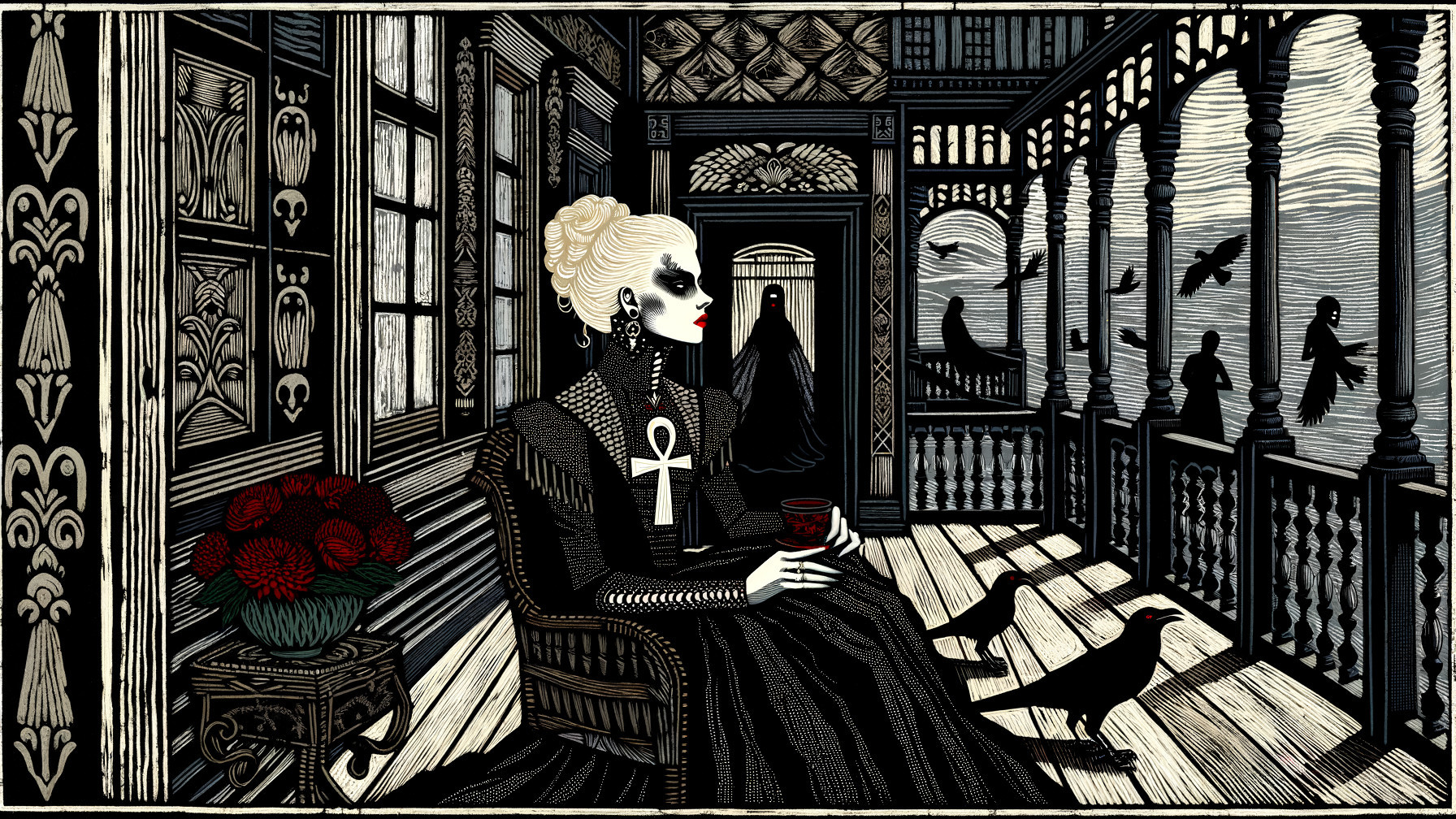 Pale Woman in Vintage Chair on Mysterious Balcony