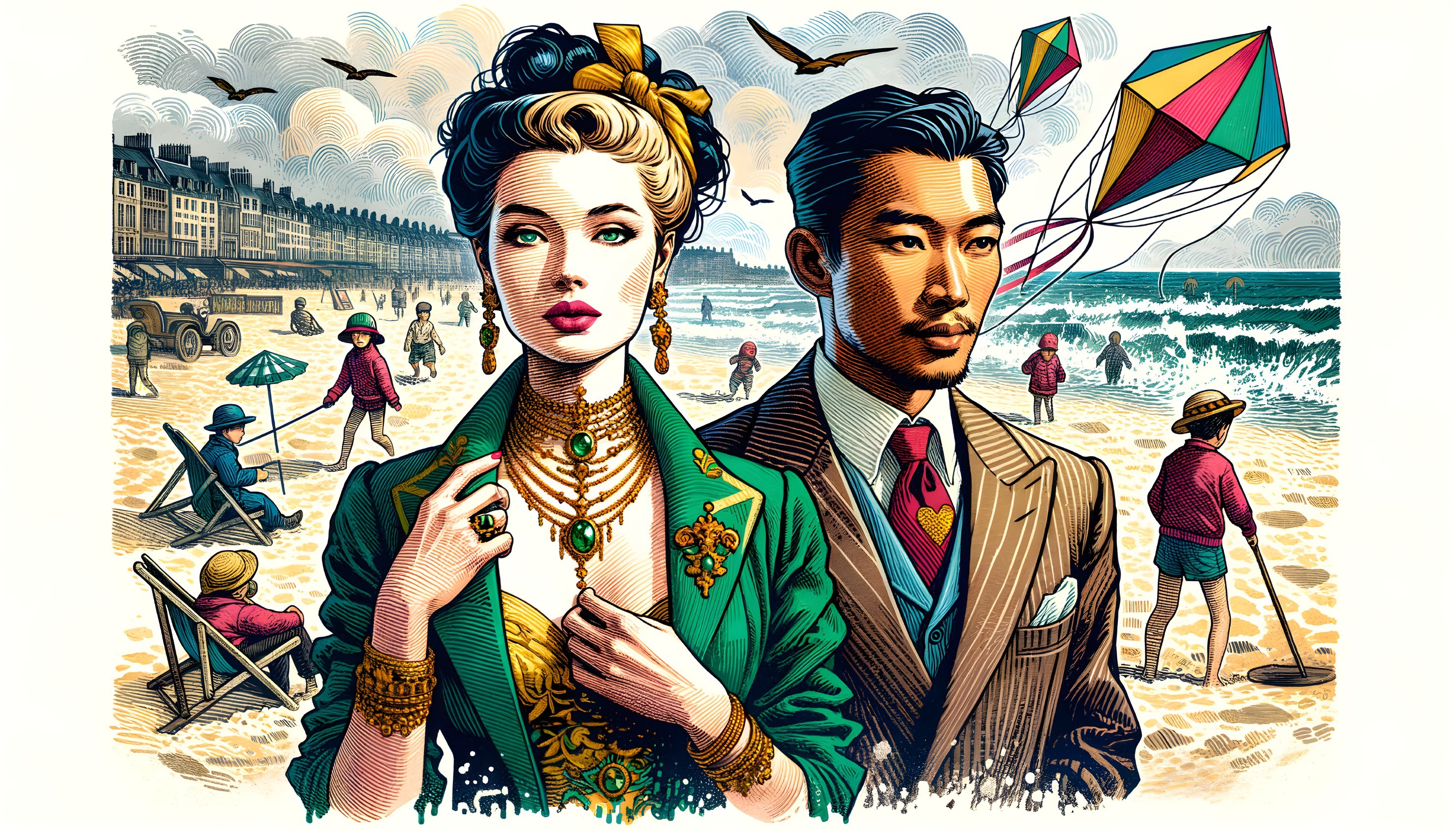 Vibrant Beach Scene with Retro Elements and Elegance