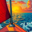 Vibrant Sunset Over Ocean with Sailboat and Clouds