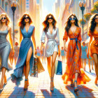 Elegantly Dressed Women in Luxurious Vibrant Dresses