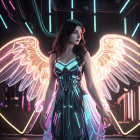 Figure with Ethereal Wings in Neon Urban Setting