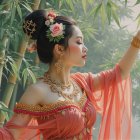 Woman in Red Gown Surrounded by Flowers and Birds