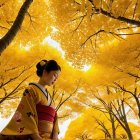 Woman in Kimono Surrounded by Autumn Trees