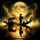 Serene Night Scene with Figure on Boat and Moonlight