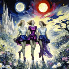 Stylized Illustration of Figures in Vibrant Landscape