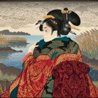 Ukiyo-e Illustration of a Japanese Woman in Kimono
