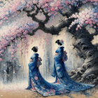 Women in Kimonos in Cherry Blossom Field Painting