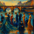 Impressionistic Scene of Elegant Men and Women by River