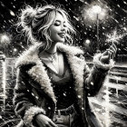 Stylish Woman with Sparkler in Rainy Urban Street