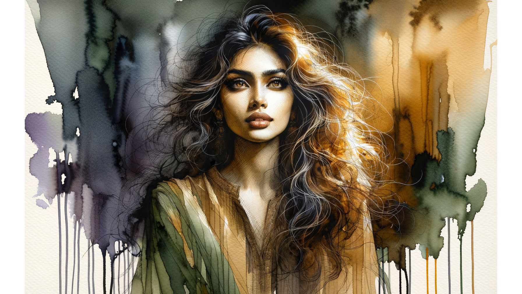 Watercolor Portrait of a Confident Woman with Wavy Hair