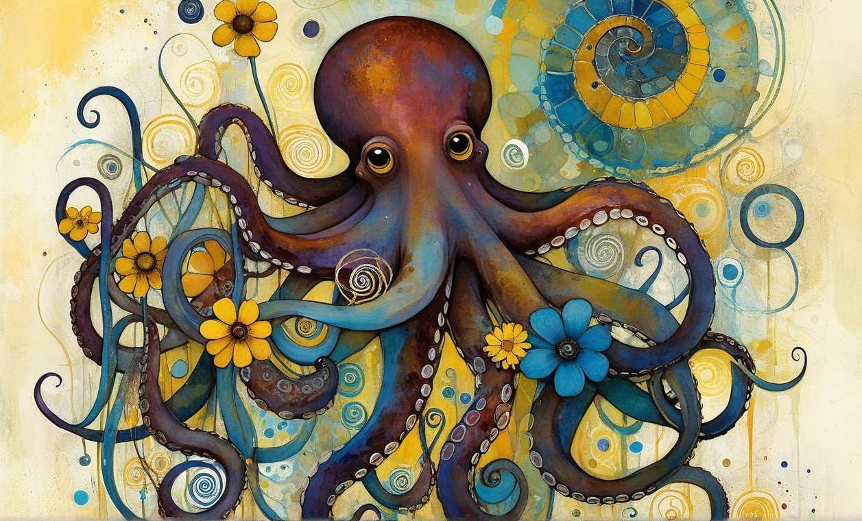 Whimsical Octopus with Vibrant Tentacles and Flowers