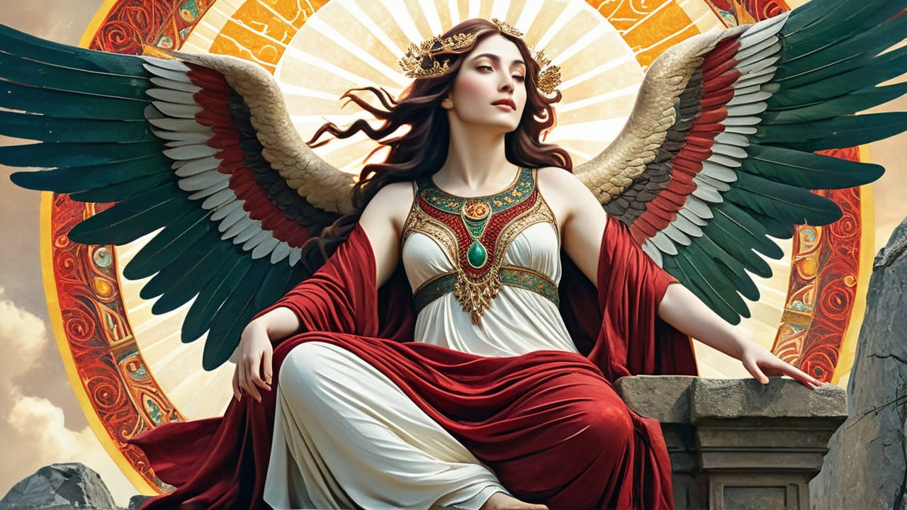 Majestic figure with wings and golden tiara details