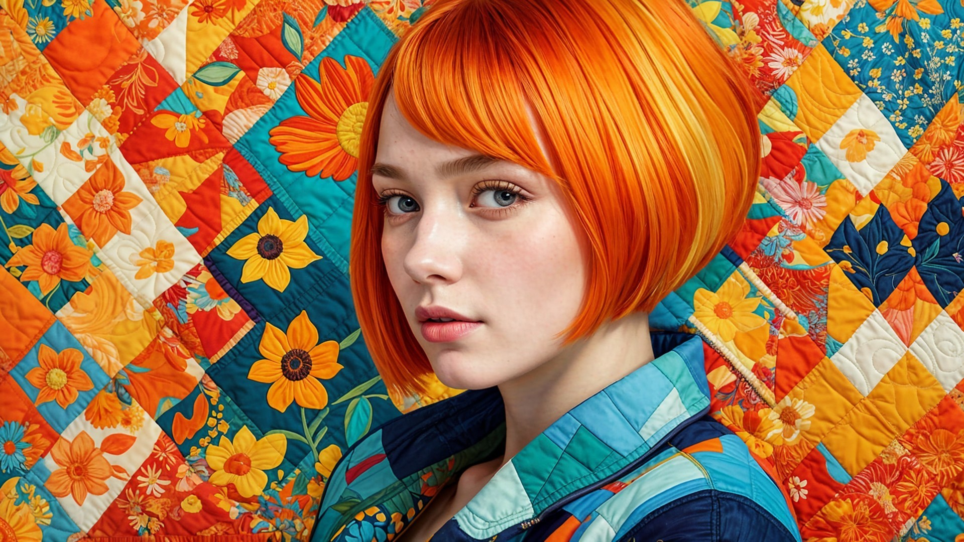 Young Woman with Orange Bob and Floral Quilt Background