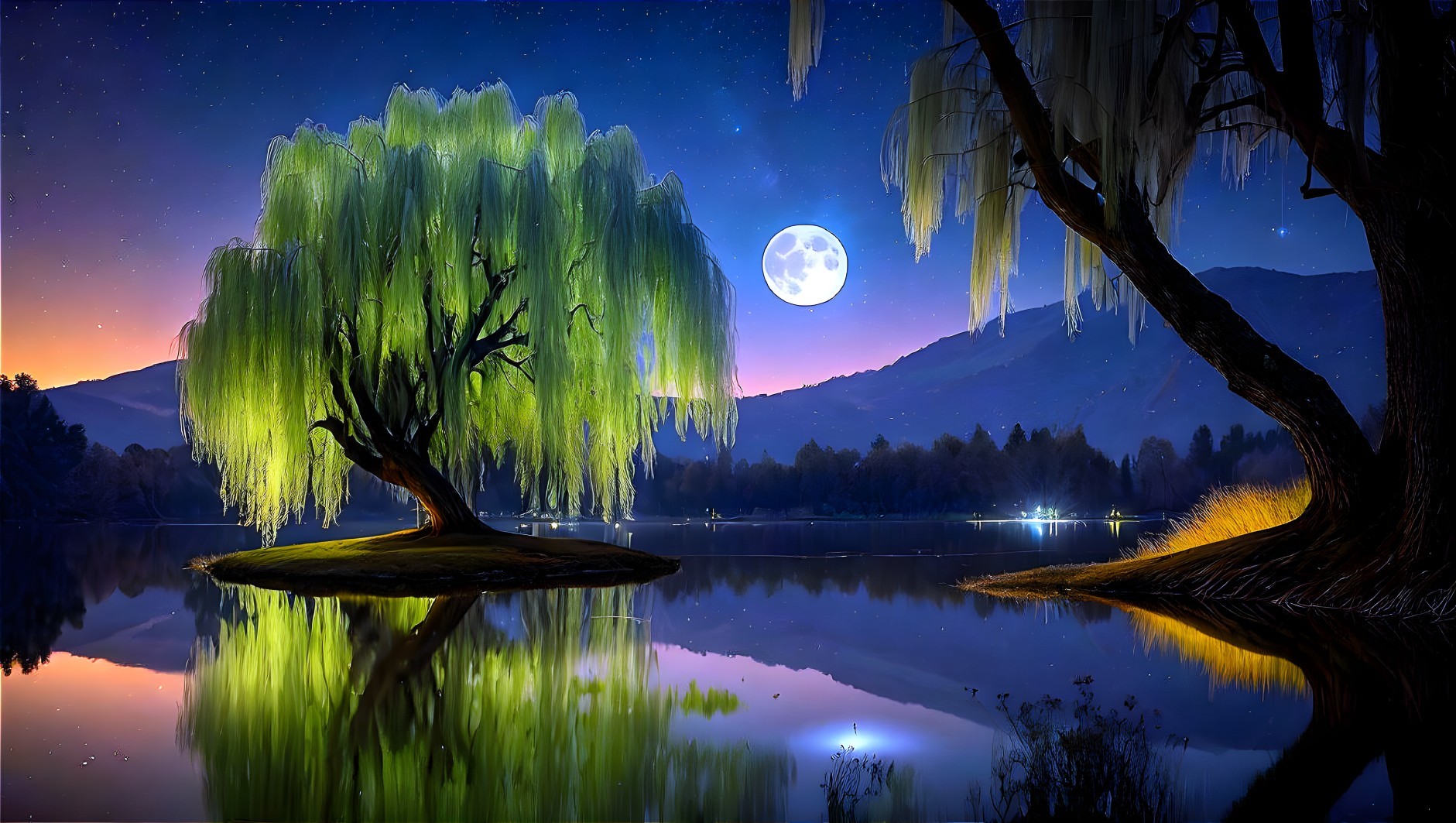 Moonlit Willow: Serene Island Reflection