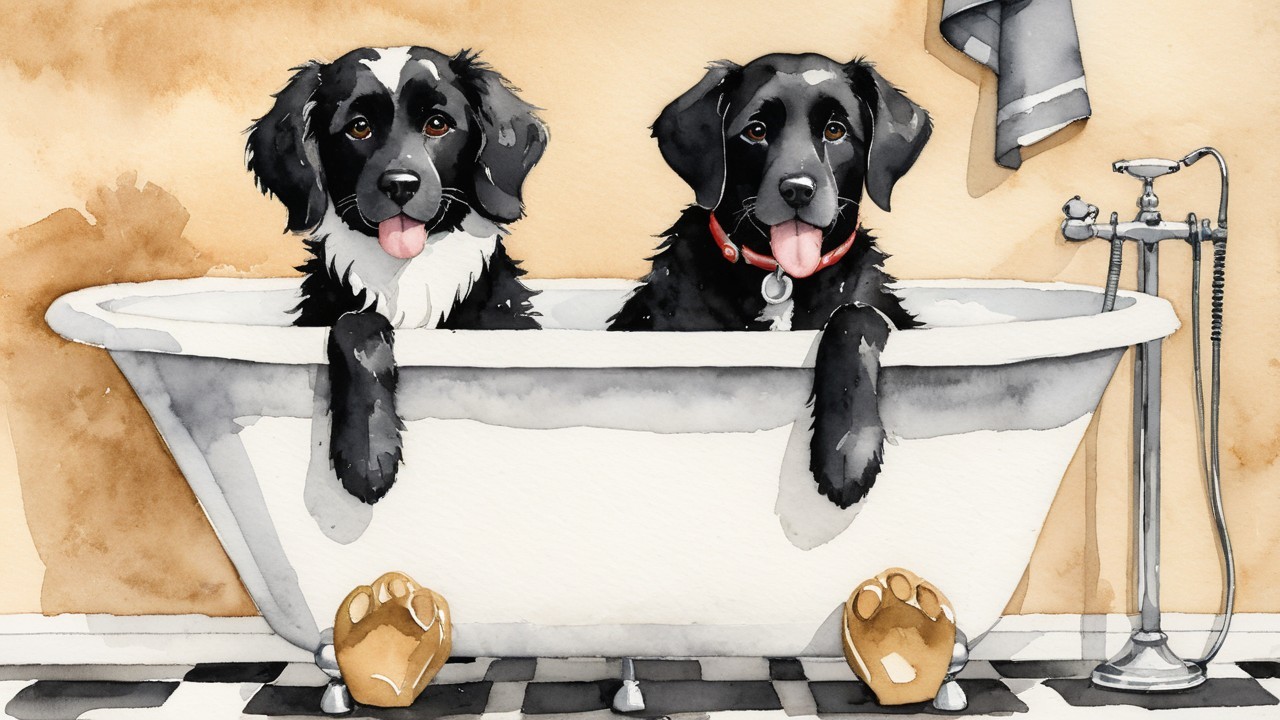 Black and white dogs in vintage bathtub scene
