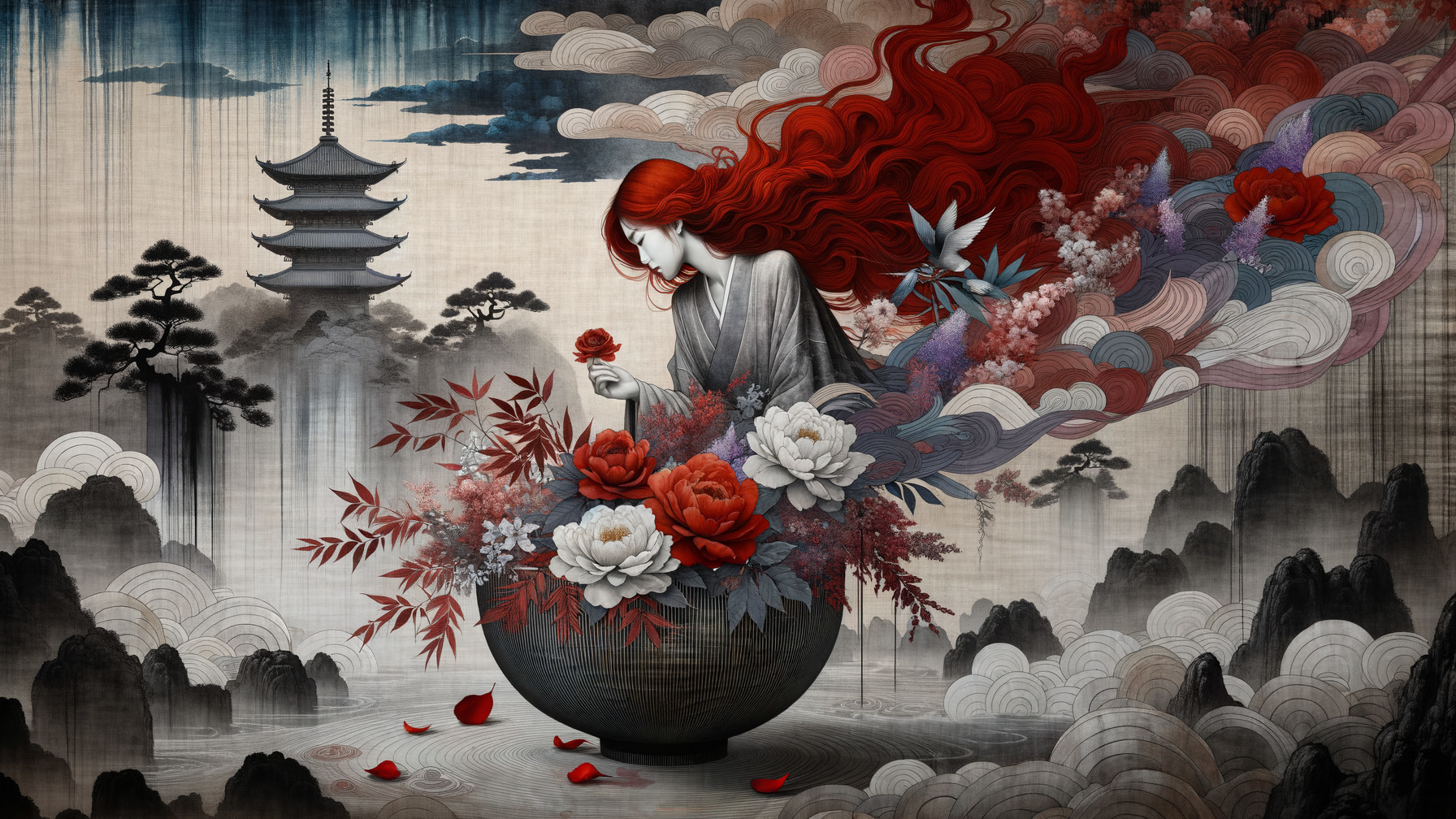 Serene figure with red hair beside ornate flower bowl