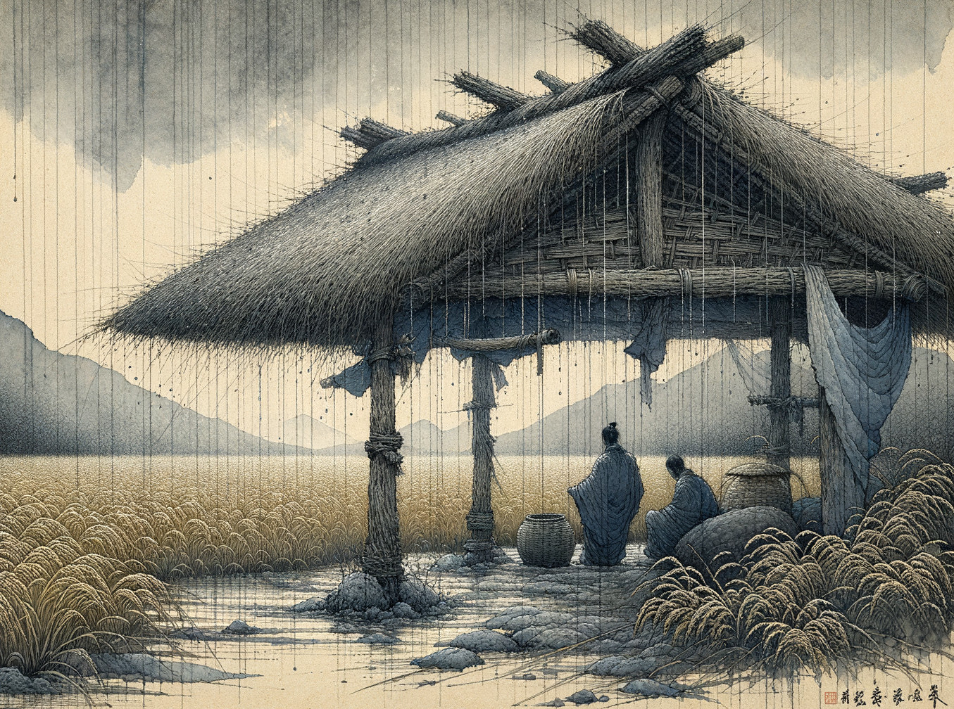 Traditional Hut by River in Peaceful Rice Fields