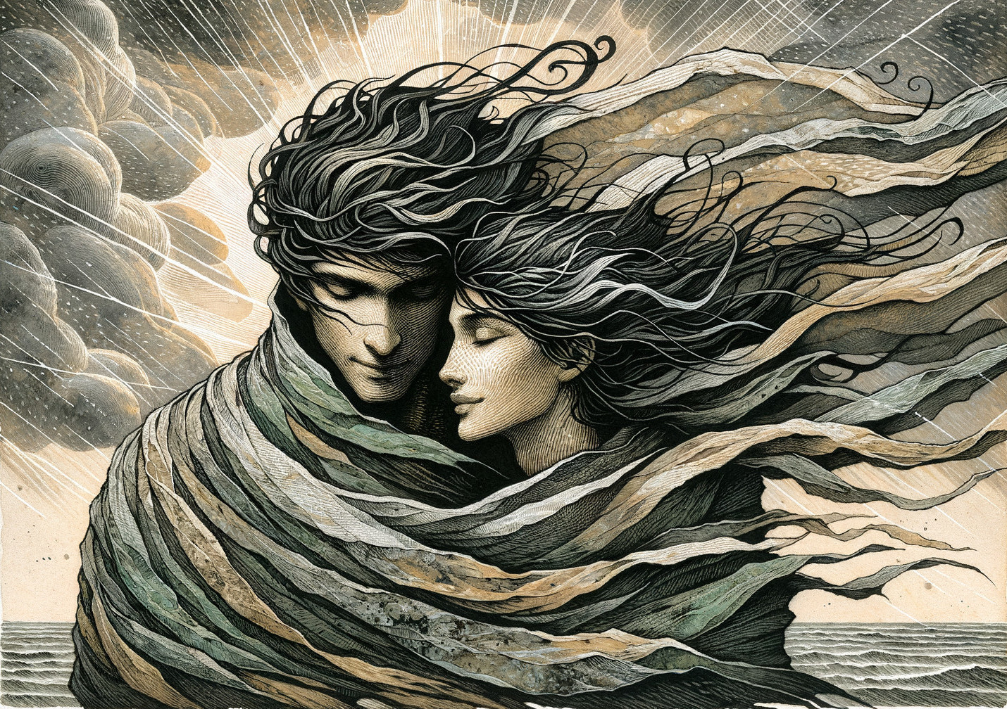 Couple Embracing in Flowing Textured Fabrics