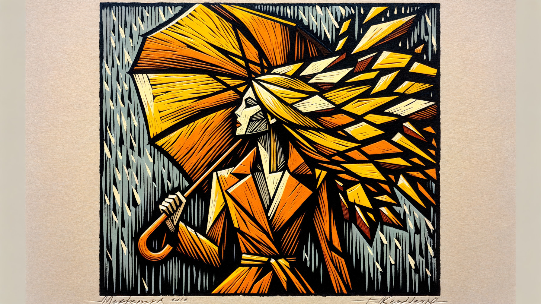 Stylized Woman in Orange Coat with Abstract Umbrella