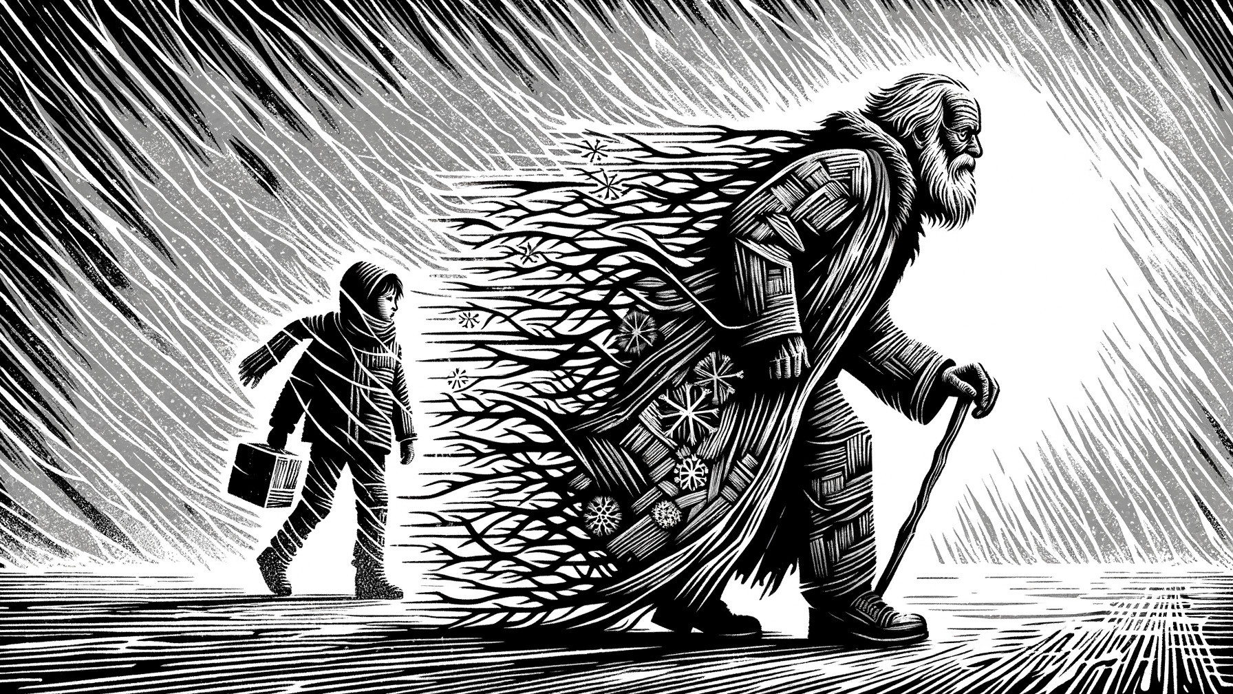 Old Man and Child in Black and White Woodcut Illustration