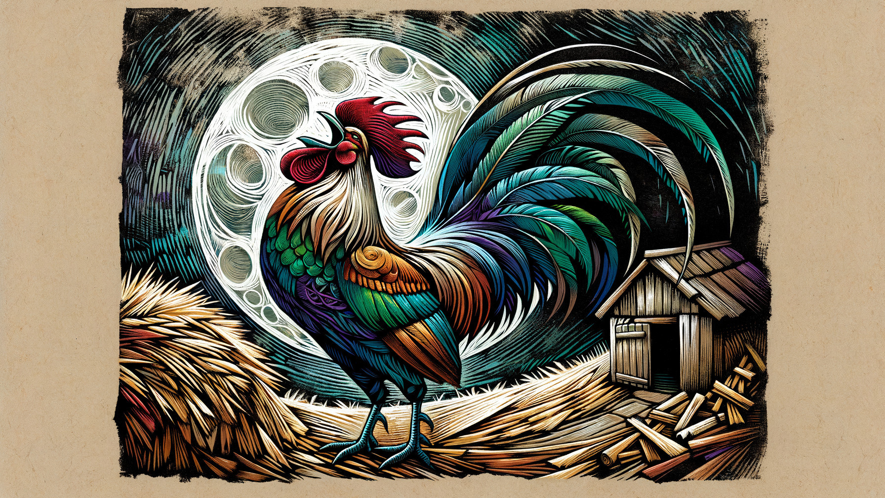 Vibrant Rooster Against Glowing Moon in Countryside Scene