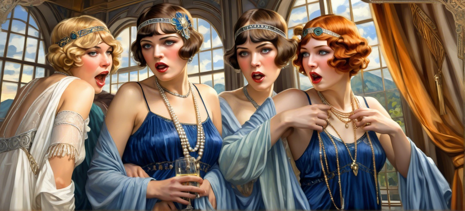 Elegant Women in 1920s Attire with Dramatic Backdrop