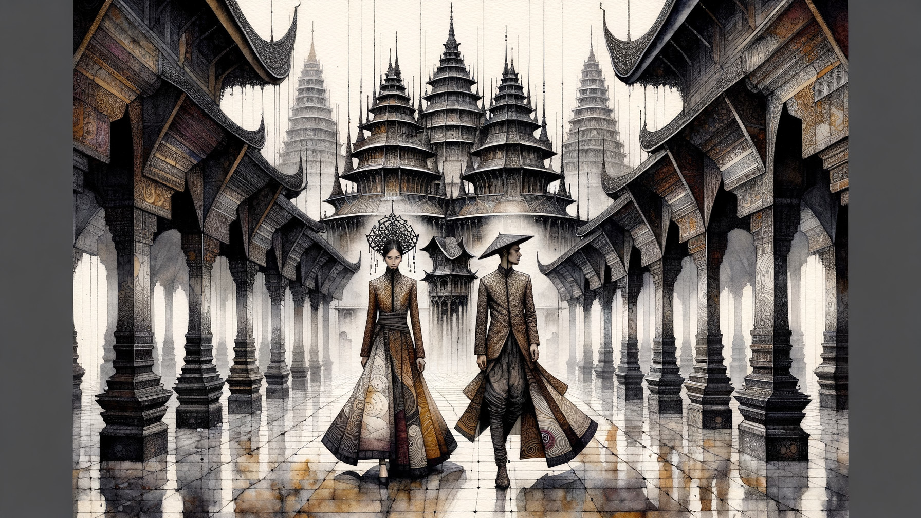 Traditional Figures in Grand Architectural Corridor