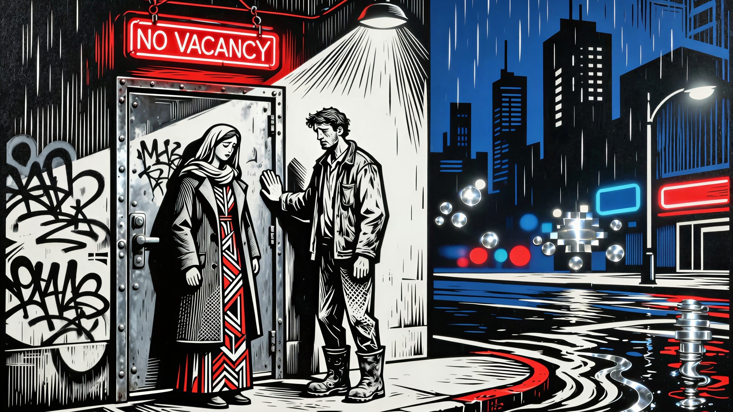 Gritty Graphic Novel Scene with Neon "No Vacancy" Sign
