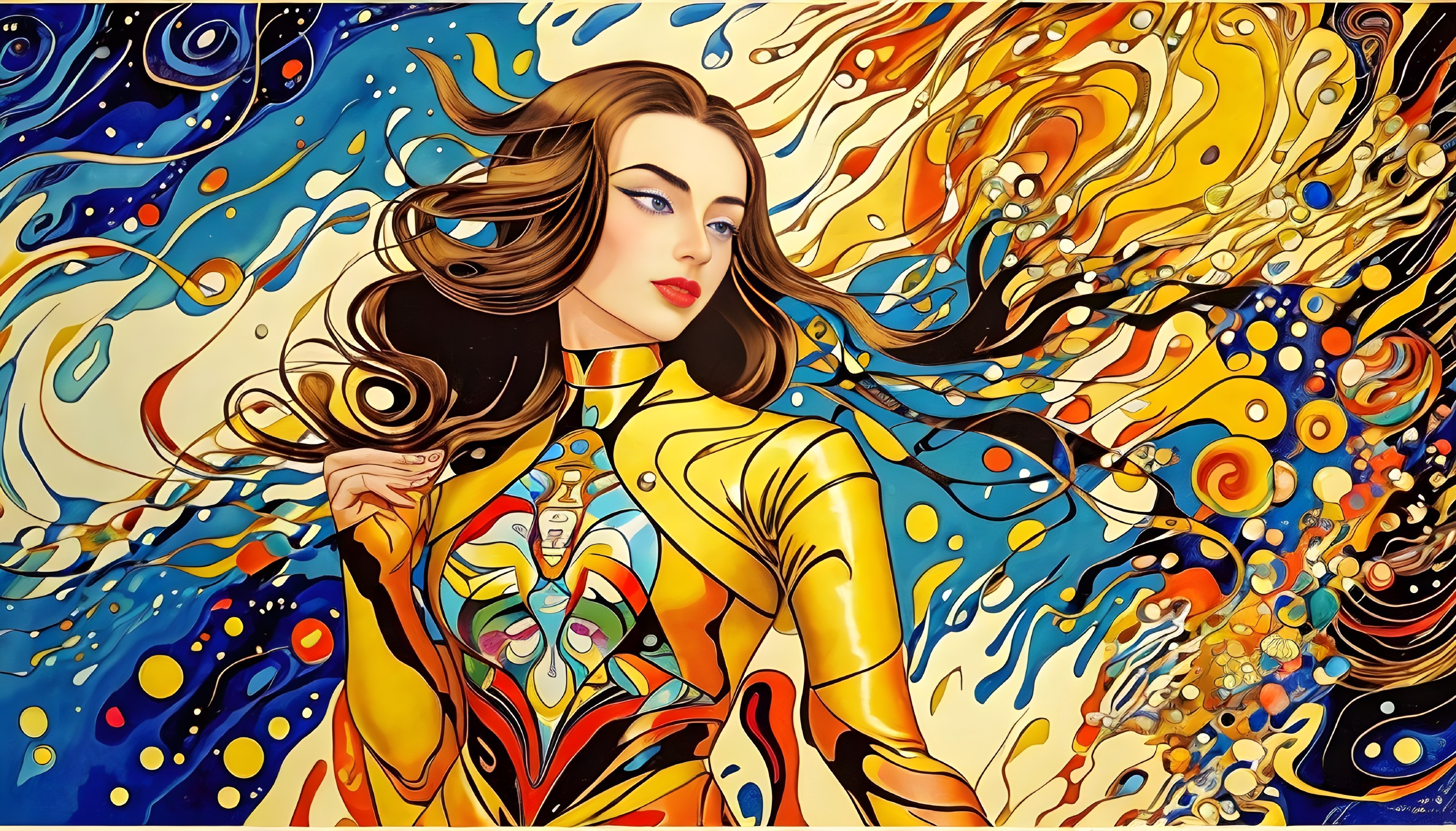 Vibrant Artwork of Woman with Flowing Hair and Abstract Design