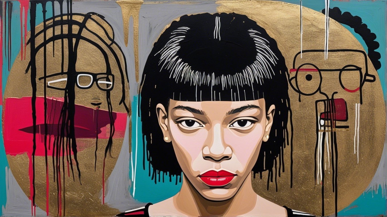 Portrait of a Confident Woman with Abstract Figures