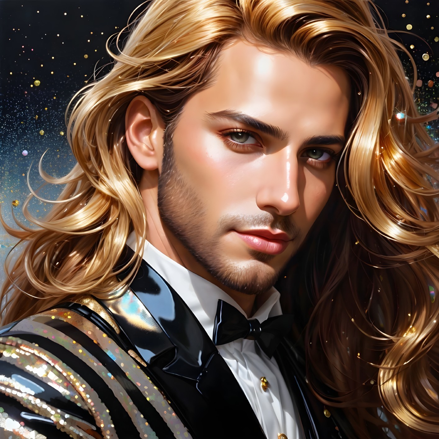 Man with Long Blond Hair in Black and Gold Sequined Tuxedo Jacket