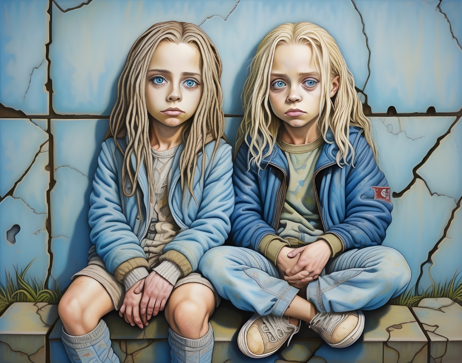 Children with blue eyes against a cracked blue wall