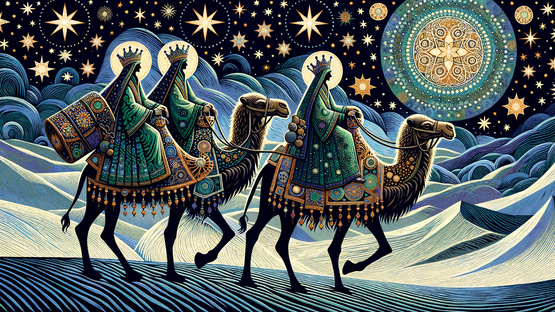 Illustration of Three Veiled Figures Riding Camels at Night