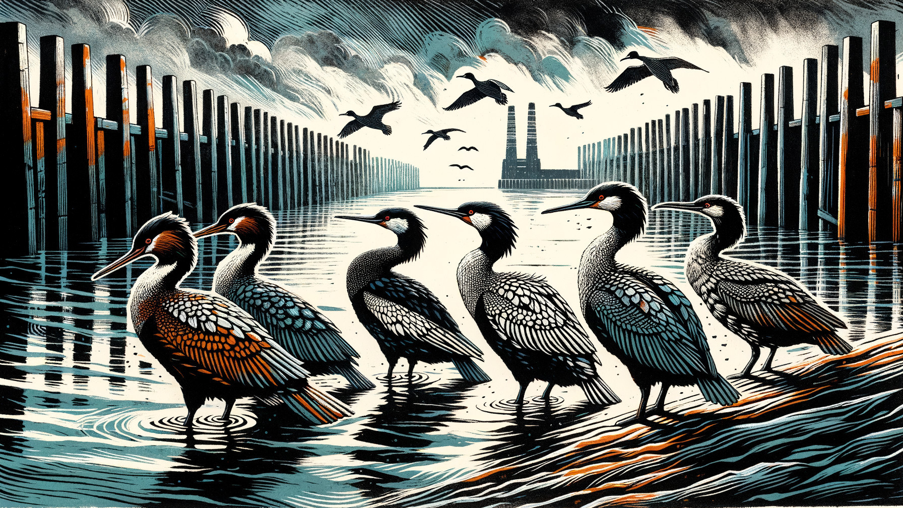 Stylized Scene of Birds by Reflective Water and Pier