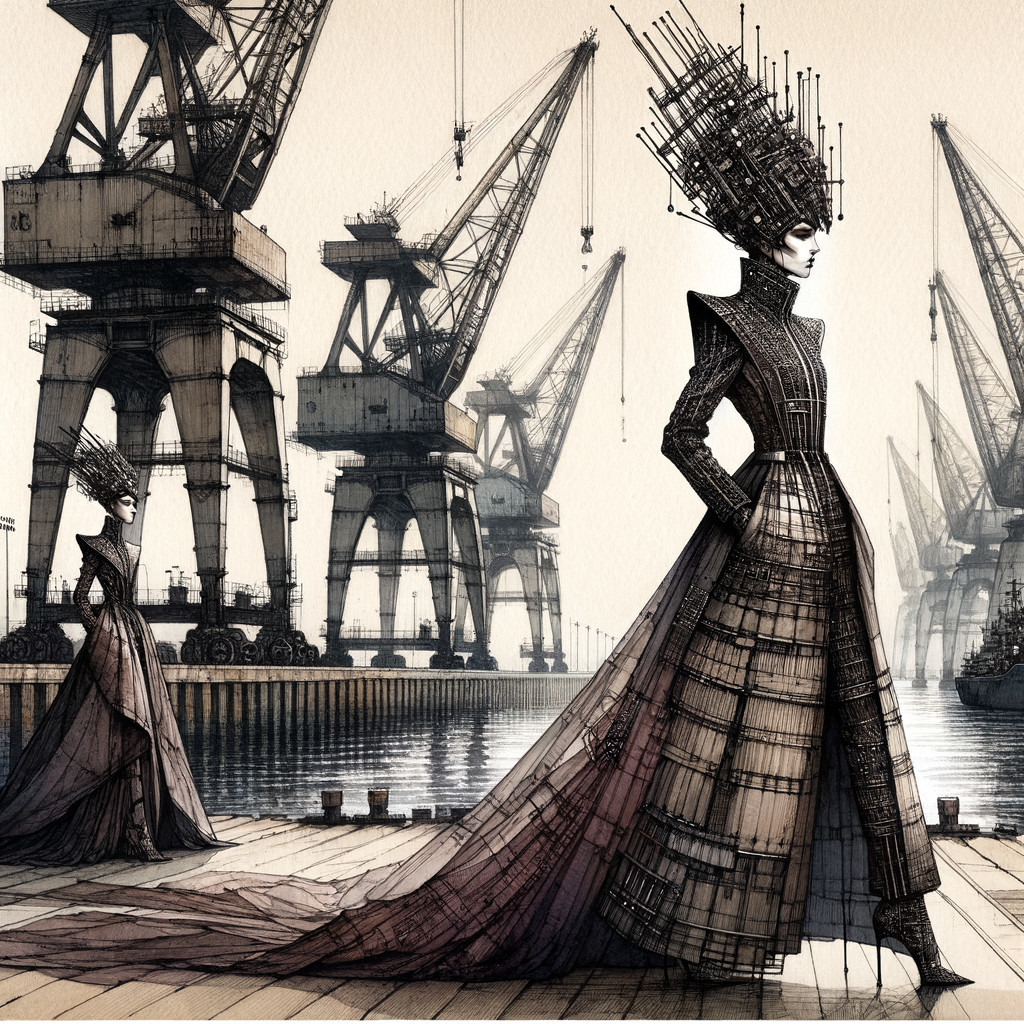 Surreal Figures in Futuristic Gowns by Industrial Cranes